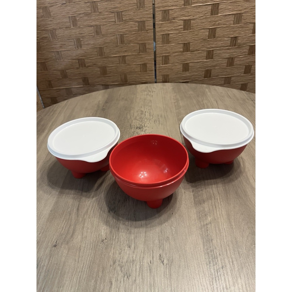 Tupperware 3 Red Salsa Bowls 2 White Lids‎ 450 ml 15 oz